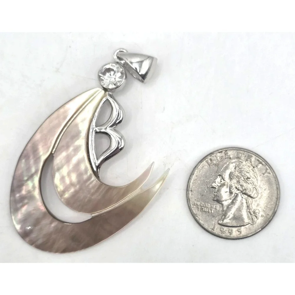 Mother of Pearl Wave Sterling Silver Letter‎ B CZ Pendent 2.5
